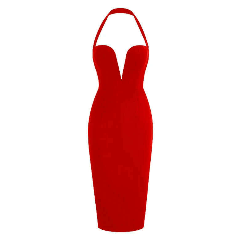 KIMLUD, Women New Summer Backless Halter Midi Bandage Dress Sleeveless Black Deep V Neck Bodycon Sexy Elegant Evening Nightclub Party Dr, Red / S, KIMLUD APPAREL - Womens Clothes