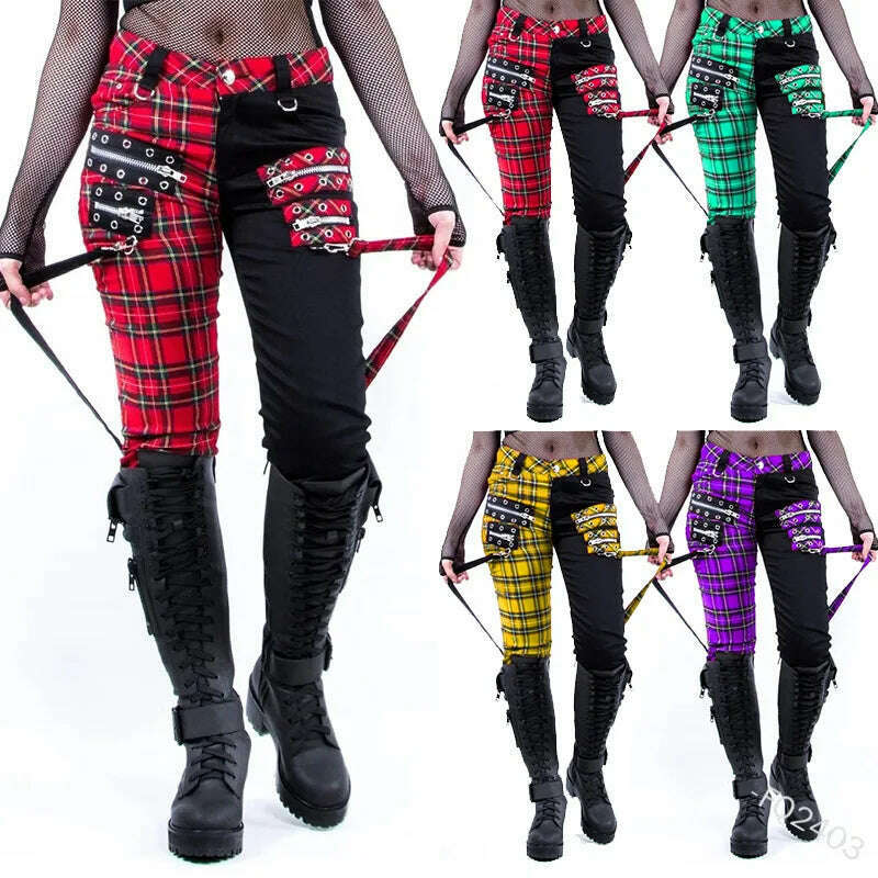 Women Pants Plaid Autumn Trousers Personality Bandage Splice Casual Women's Print Large Size Pencil Clothing - KIMLUD