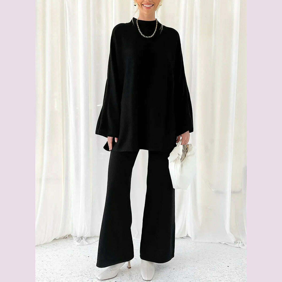 Women Pants Suit Elegant Long Sleeve Semi-high Collar Sweater with Wide Leg Pants Fall Outfit - KIMLUD