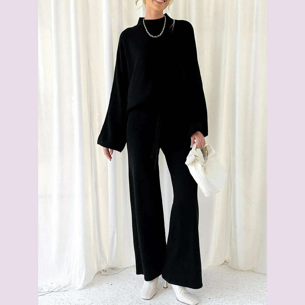 KIMLUD, Women Pants Suit Elegant Long Sleeve Semi-high Collar Sweater with Wide Leg Pants Fall Outfit, KIMLUD Womens Clothes