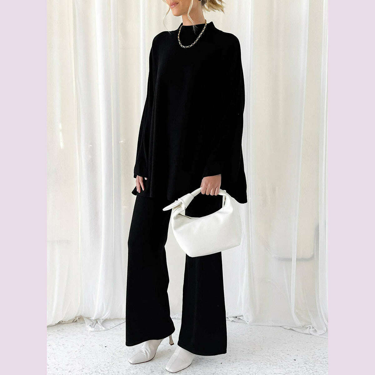 KIMLUD, Women Pants Suit Elegant Long Sleeve Semi-high Collar Sweater with Wide Leg Pants Fall Outfit, KIMLUD Womens Clothes