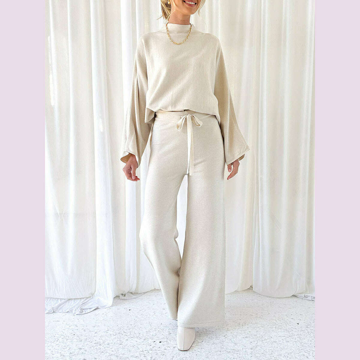 KIMLUD, Women Pants Suit Elegant Long Sleeve Semi-high Collar Sweater with Wide Leg Pants Fall Outfit, KIMLUD Womens Clothes