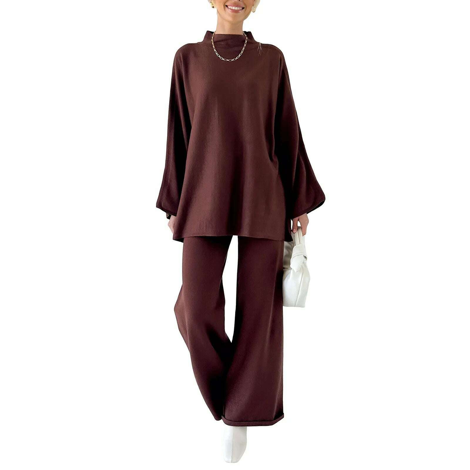 KIMLUD, Women Pants Suit Elegant Long Sleeve Semi-high Collar Sweater with Wide Leg Pants Fall Outfit, Brown / XL, KIMLUD APPAREL - Womens Clothes