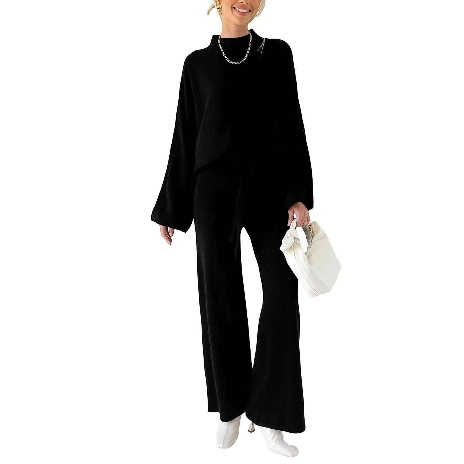 KIMLUD, Women Pants Suit Elegant Long Sleeve Semi-high Collar Sweater with Wide Leg Pants Fall Outfit, black / L, KIMLUD APPAREL - Womens Clothes