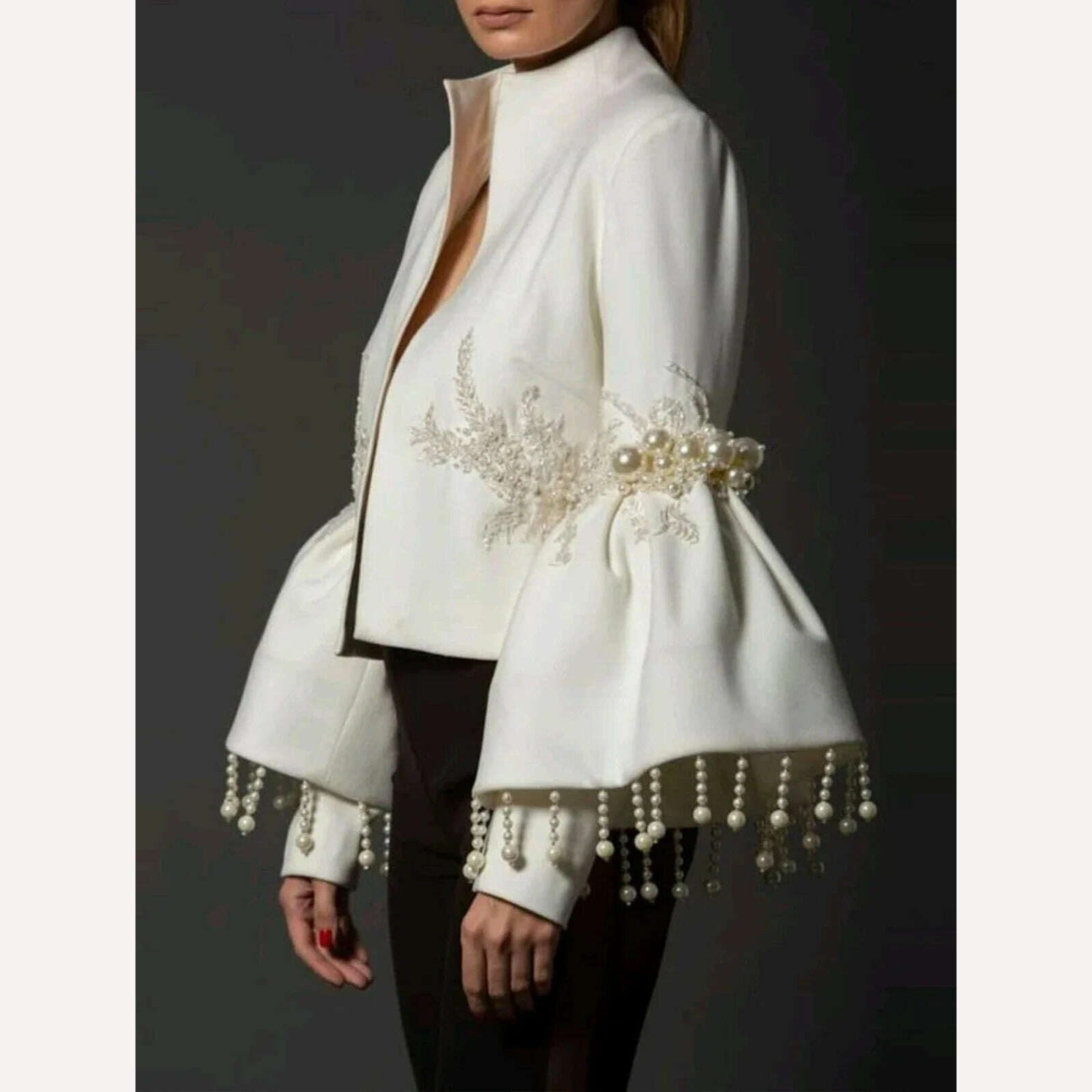 KIMLUD, Women Pearl Tassel Jacket Fashion Elegant Stand Collar Pearl Fringed Decor Embroidery Flare Sleeve Coat Spring Autumn Outwear, WHITE / XXL / CHINA, KIMLUD Womens Clothes