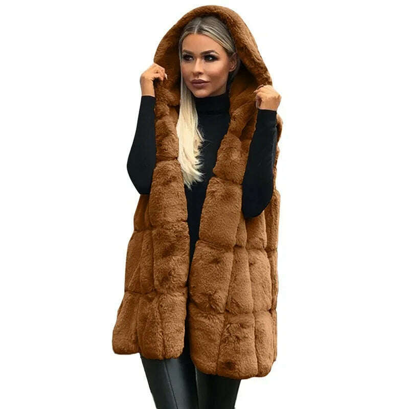 KIMLUD, Women Plush Faux Fur Solid Color Casual Sleeveless Warm Vest Jacket Autumn Winter Waistcoat Cashmere Cardigan Luxury Fleece Coat, Brown / S, KIMLUD APPAREL - Womens Clothes