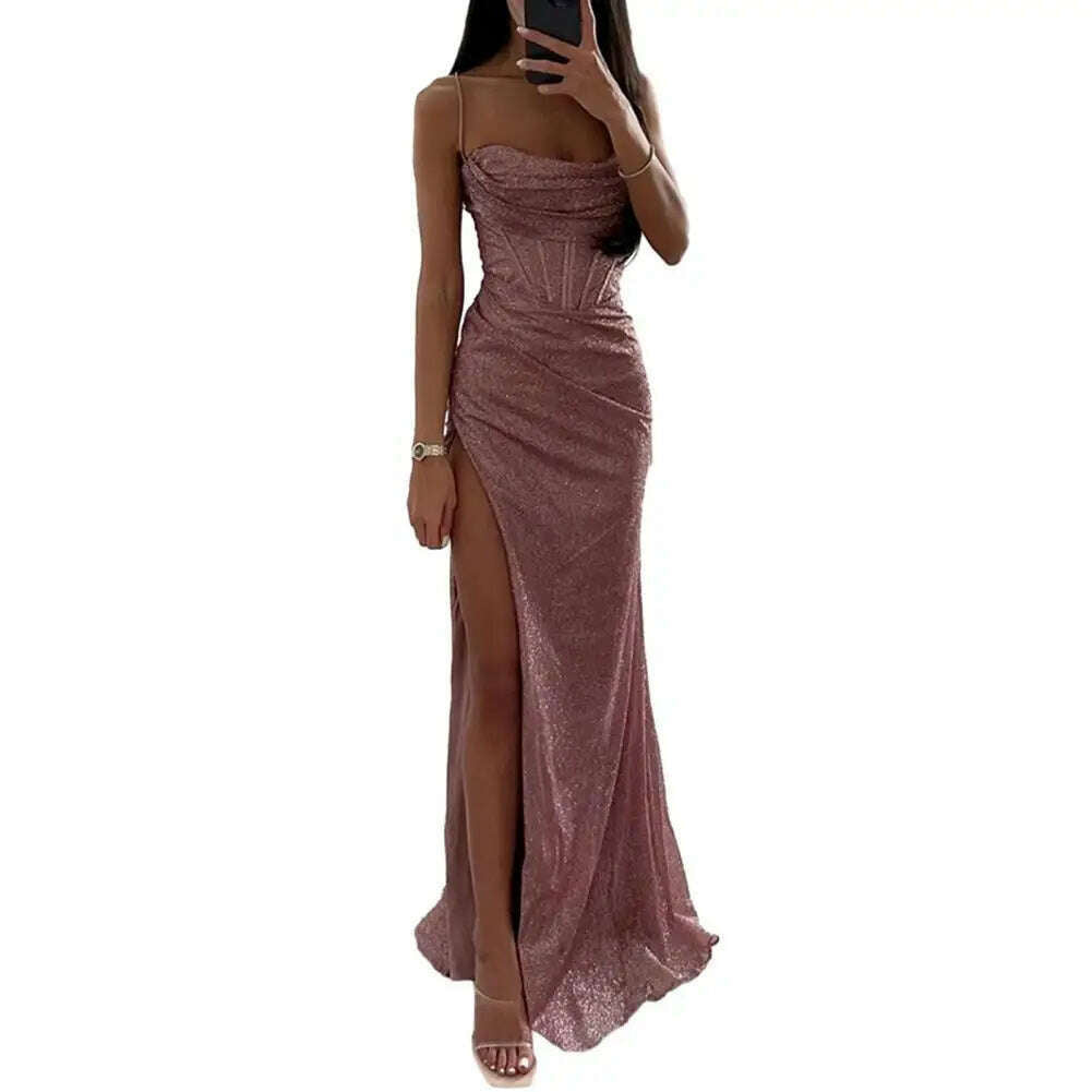 Women Polyester Maxi Dress Elegant Sequin Spaghetti Strap Evening Dress with High Split Off Shoulder Design Women's for Formal - KIMLUD