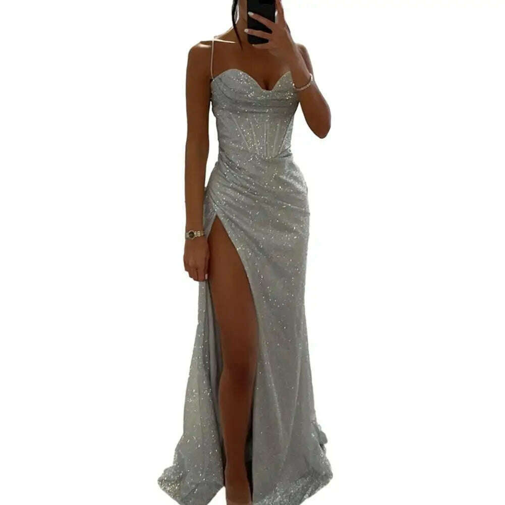 Women Polyester Maxi Dress Elegant Sequin Spaghetti Strap Evening Dress with High Split Off Shoulder Design Women's for Formal - KIMLUD