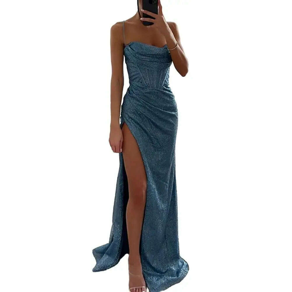 KIMLUD, Women Polyester Maxi Dress Elegant Sequin Spaghetti Strap Evening Dress with High Split Off Shoulder Design Women's for Formal, Blue / XL, KIMLUD APPAREL - Womens Clothes