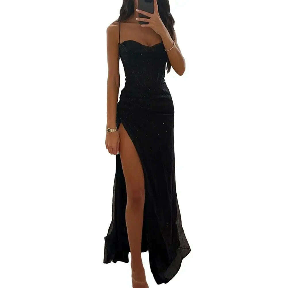 KIMLUD, Women Polyester Maxi Dress Elegant Sequin Spaghetti Strap Evening Dress with High Split Off Shoulder Design Women's for Formal, Black / XL, KIMLUD APPAREL - Womens Clothes