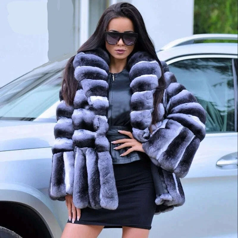 KIMLUD, Women Real Fur Jacket Natural Chinchilla Rex Rabbit Fur Coat 100 cm Long Wholeskin Thick Genuine Rex Rabbit Fur Coats Winter, Length 70cm Collar / S bust 88cm, KIMLUD APPAREL - Womens Clothes