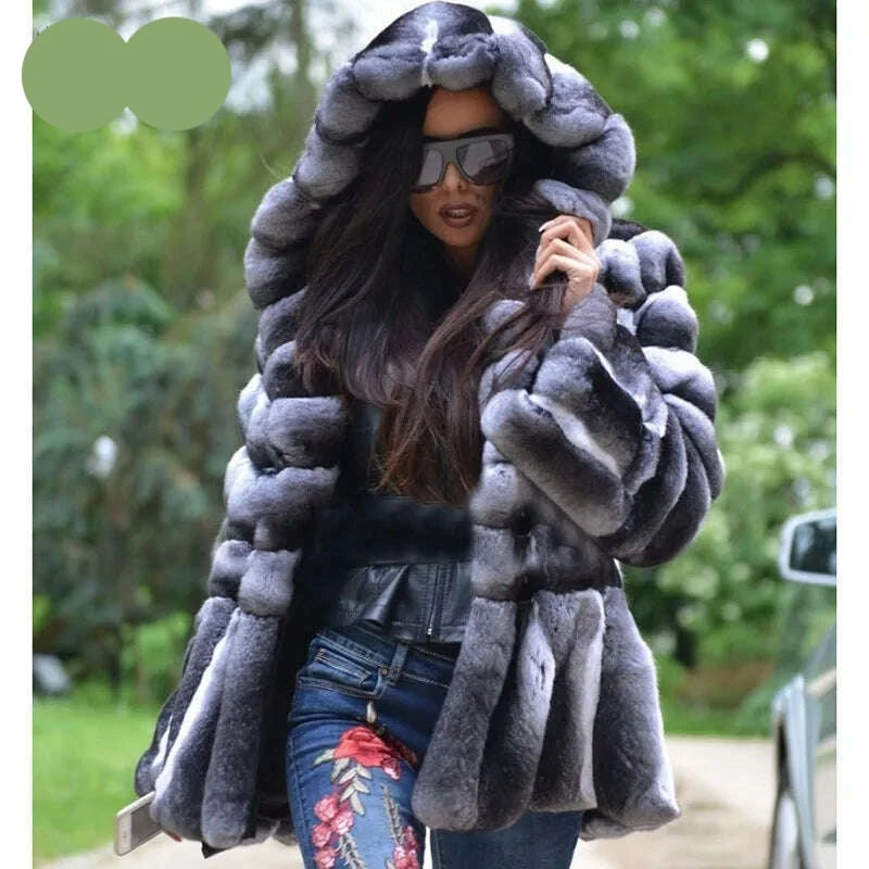 KIMLUD, Women Real Fur Jacket Natural Chinchilla Rex Rabbit Fur Coat 100 cm Long Wholeskin Thick Genuine Rex Rabbit Fur Coats Winter, Length 70cm Hood / S bust 88cm, KIMLUD APPAREL - Womens Clothes