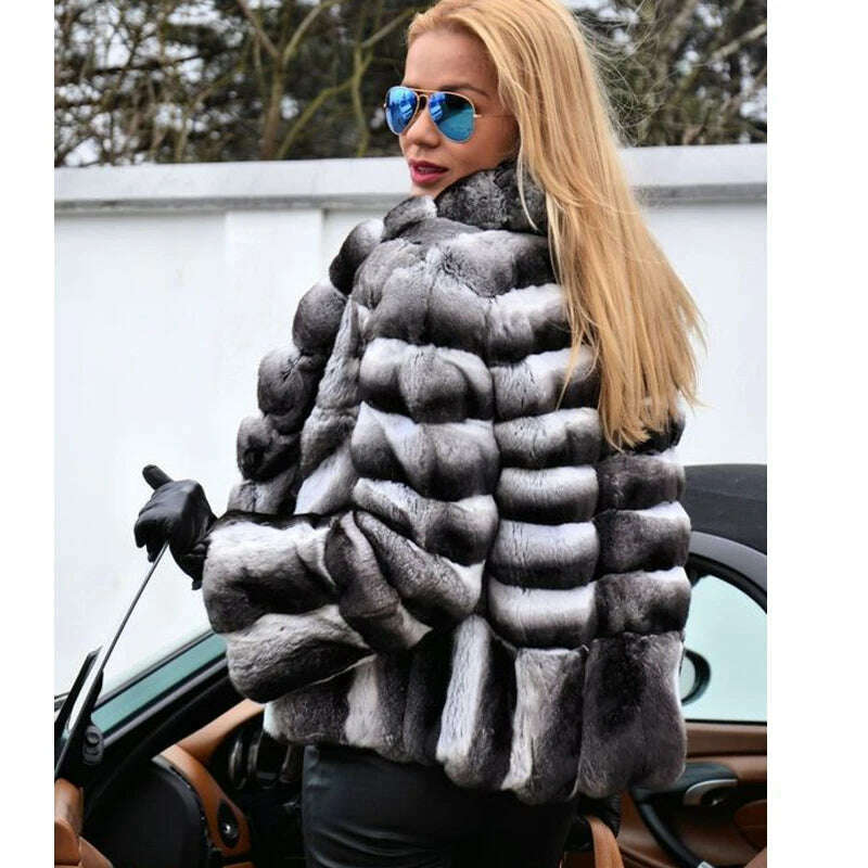 KIMLUD, Women Real Fur Jacket Natural Chinchilla Rex Rabbit Fur Coat 100 cm Long Wholeskin Thick Genuine Rex Rabbit Fur Coats Winter, Length 60cm Collar / S bust 88cm, KIMLUD APPAREL - Womens Clothes