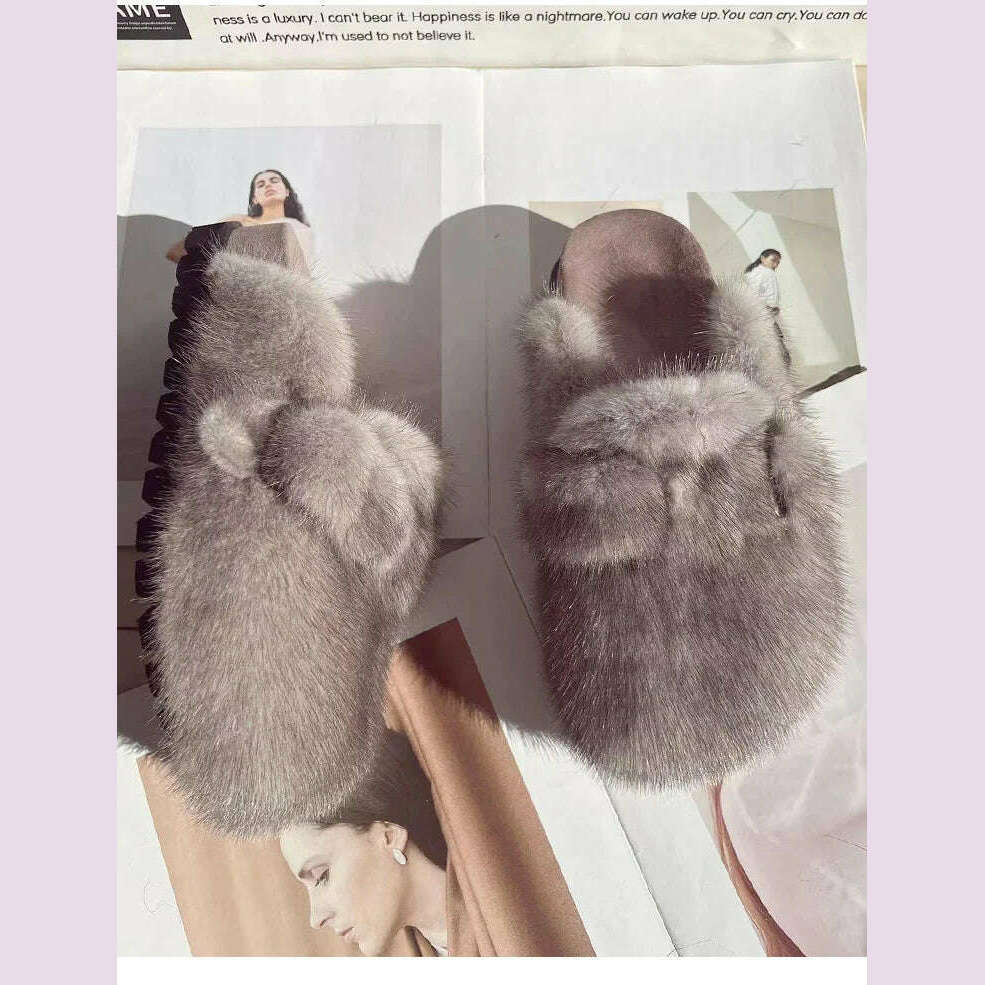 KIMLUD, Women Real Mink Fur Shoes Lady Fashion High Qualiy Natural Fur Slippers Toe Shoes Autumn Winter Slides Mink Mules, KIMLUD Womens Clothes