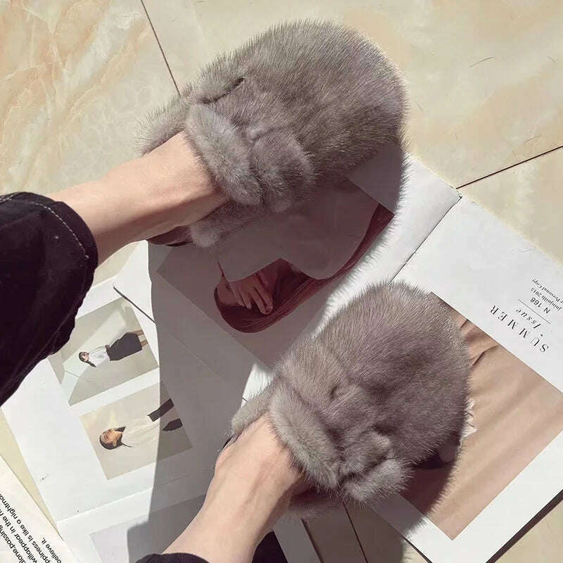 KIMLUD, Women Real Mink Fur Shoes Lady Fashion High Qualiy Natural Fur Slippers Toe Shoes Autumn Winter Slides Mink Mules, KIMLUD Womens Clothes