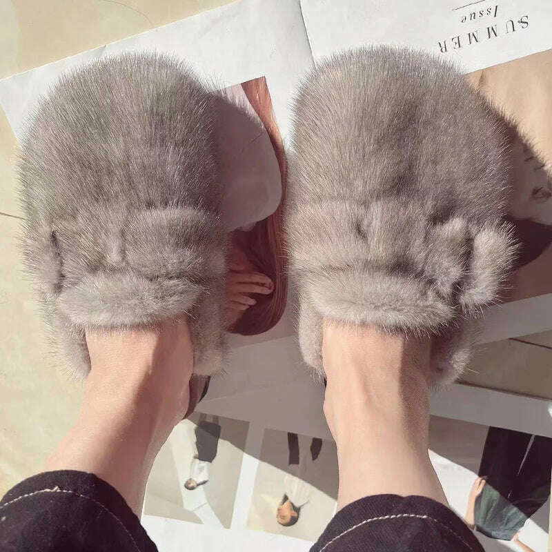 KIMLUD, Women Real Mink Fur Shoes Lady Fashion High Qualiy Natural Fur Slippers Toe Shoes Autumn Winter Slides Mink Mules, KIMLUD Womens Clothes