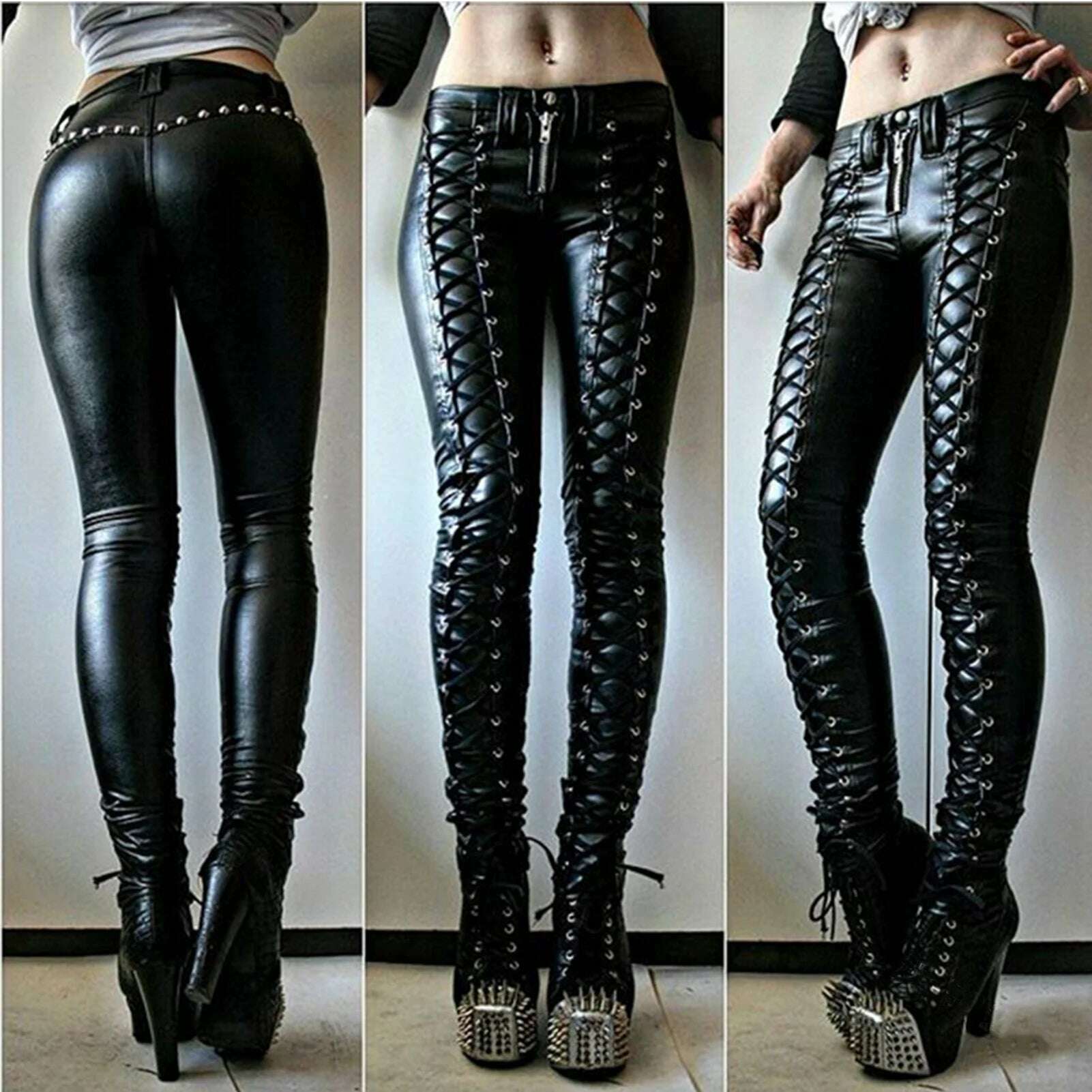 KIMLUD, Women Retro PU Pants Leather steampunk Rivet Zipper Lace up Pencil pants Medieval Gothic Skinny Streetwear Autumn Casual Trouse, KIMLUD Womens Clothes