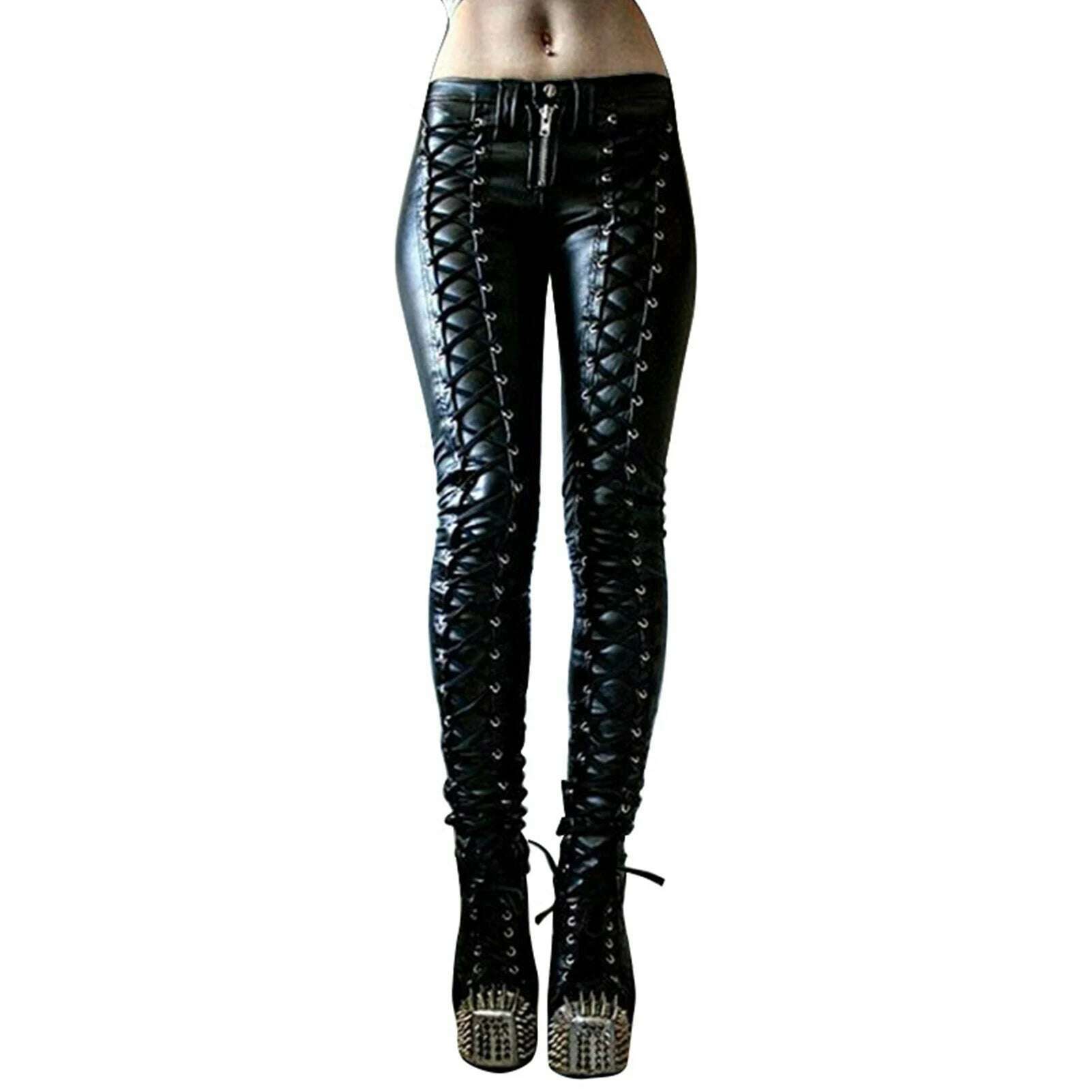 KIMLUD, Women Retro PU Pants Leather steampunk Rivet Zipper Lace up Pencil pants Medieval Gothic Skinny Streetwear Autumn Casual Trouse, KIMLUD Womens Clothes