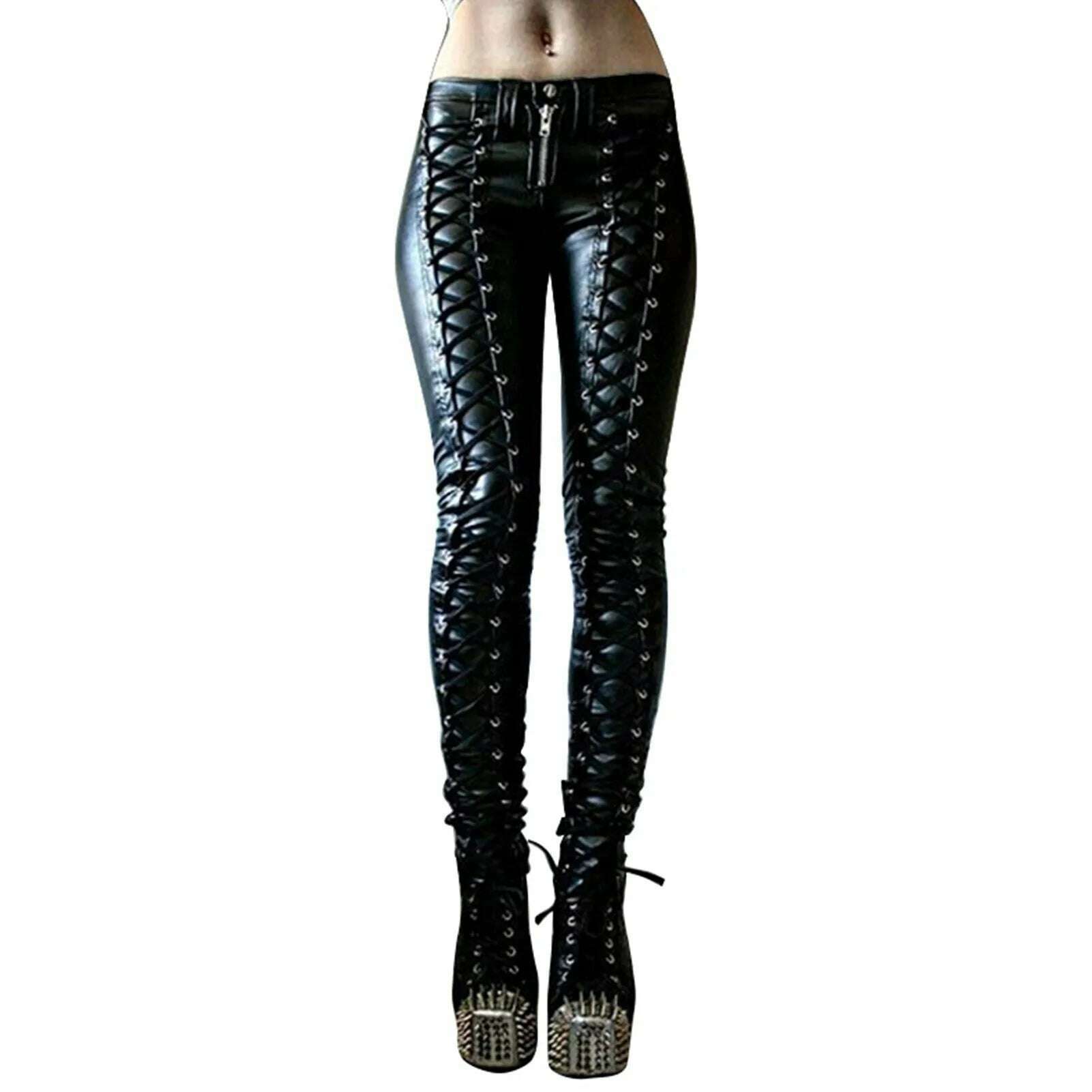 KIMLUD, Women Retro PU Pants Leather steampunk Rivet Zipper Lace up Pencil pants Medieval Gothic Skinny Streetwear Autumn Casual Trouse, Black1 / S, KIMLUD APPAREL - Womens Clothes