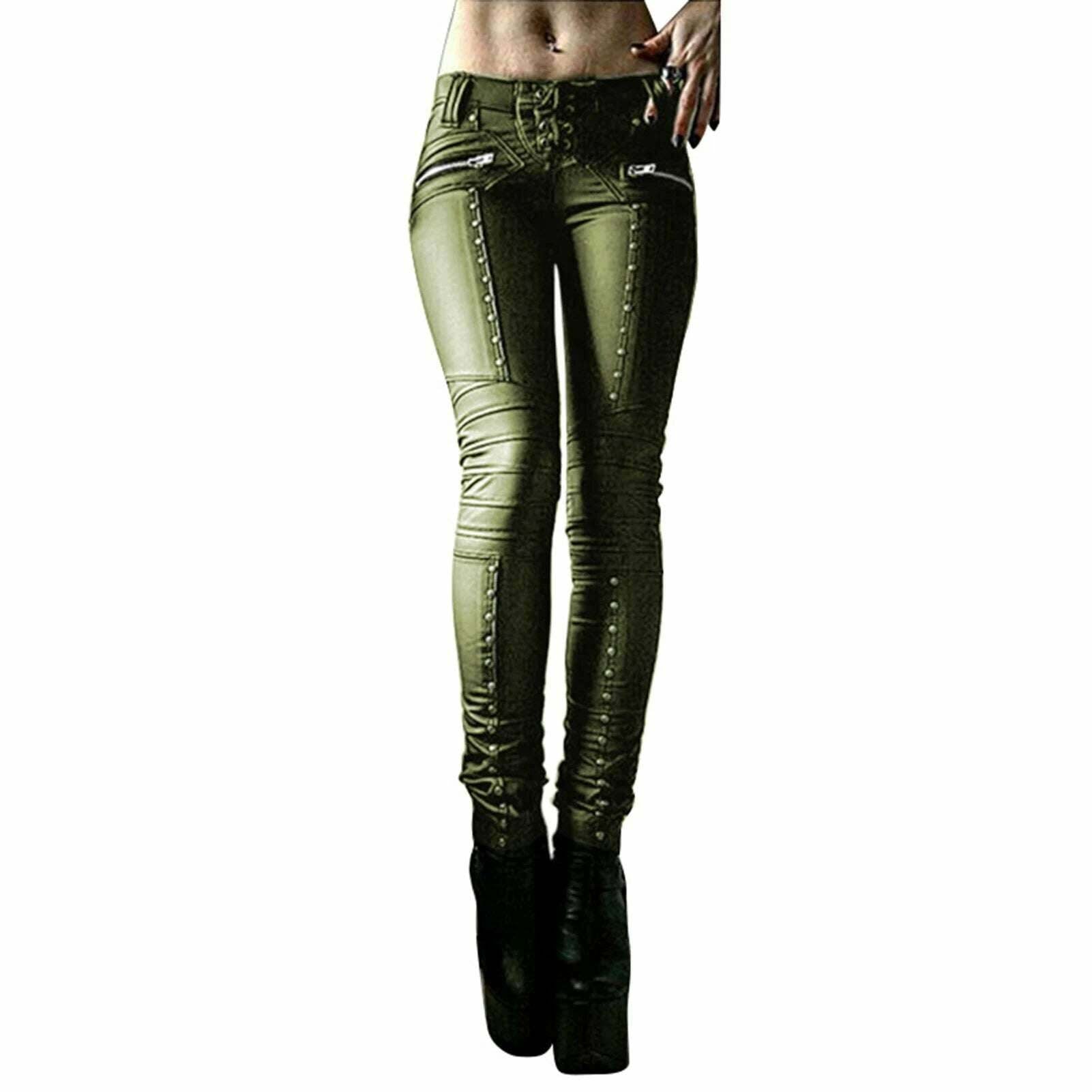 KIMLUD, Women Retro PU Pants Leather steampunk Rivet Zipper Lace up Pencil pants Medieval Gothic Skinny Streetwear Autumn Casual Trouse, Green2 / S, KIMLUD APPAREL - Womens Clothes