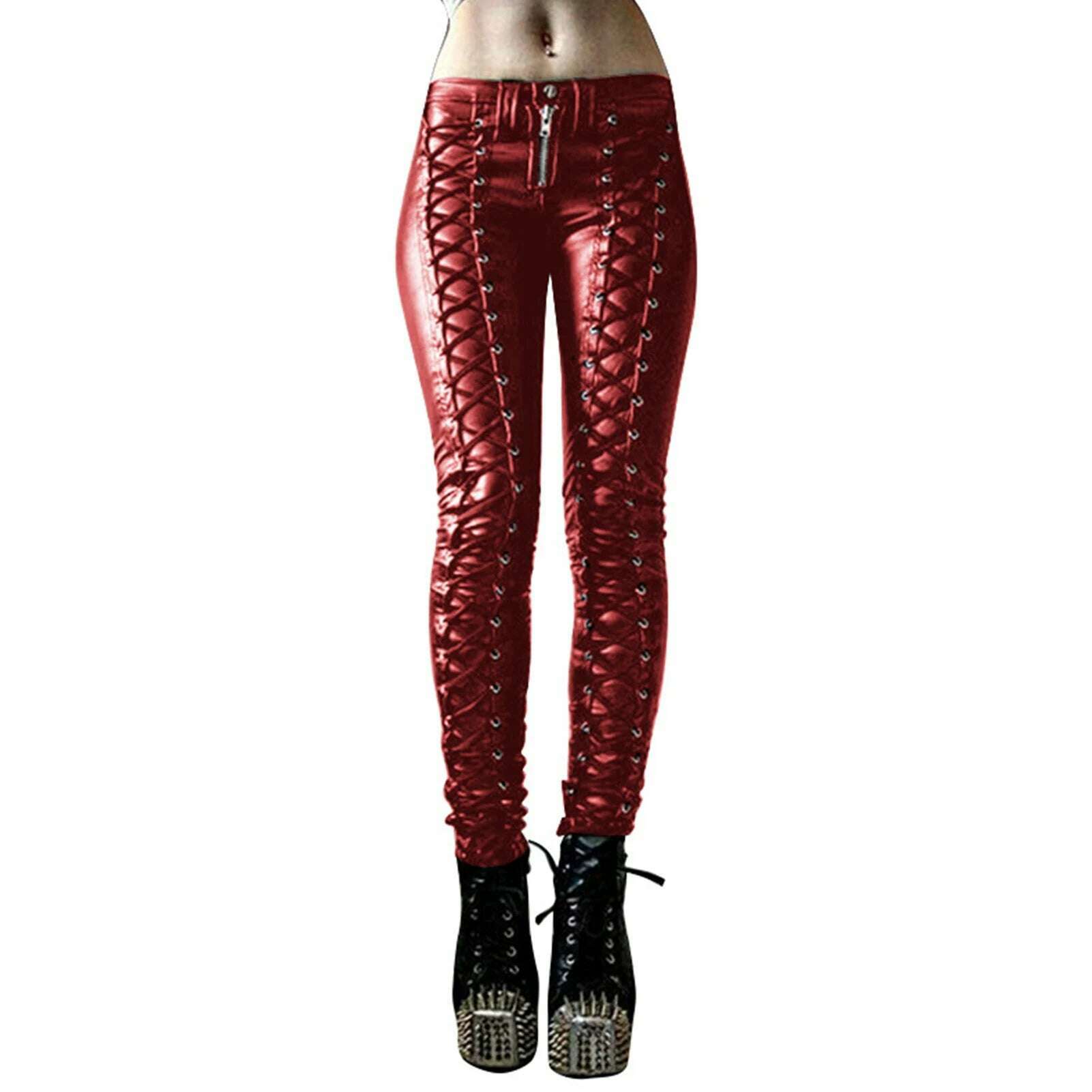 KIMLUD, Women Retro PU Pants Leather steampunk Rivet Zipper Lace up Pencil pants Medieval Gothic Skinny Streetwear Autumn Casual Trouse, Red1 / S, KIMLUD APPAREL - Womens Clothes