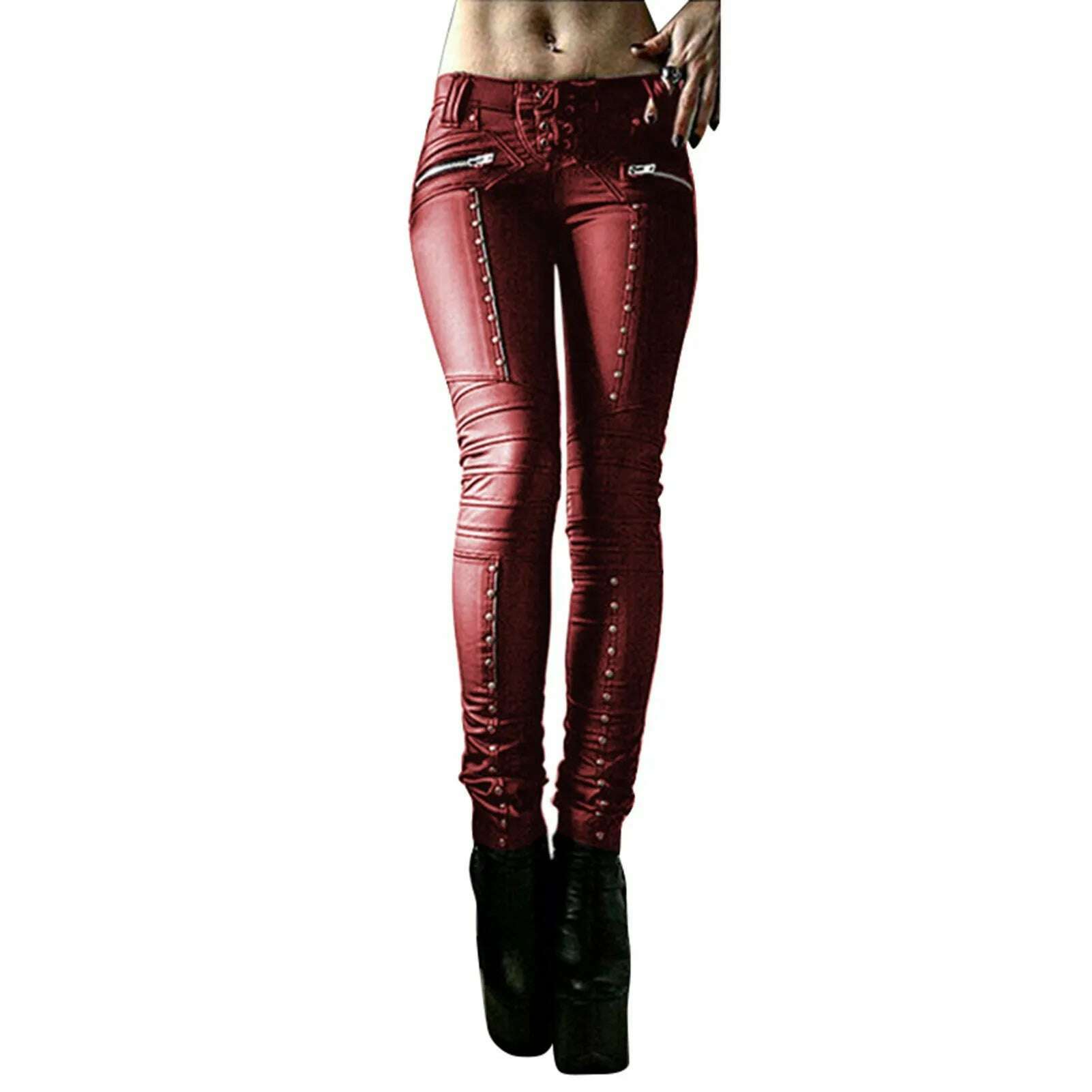 KIMLUD, Women Retro PU Pants Leather steampunk Rivet Zipper Lace up Pencil pants Medieval Gothic Skinny Streetwear Autumn Casual Trouse, Red2 / S, KIMLUD APPAREL - Womens Clothes