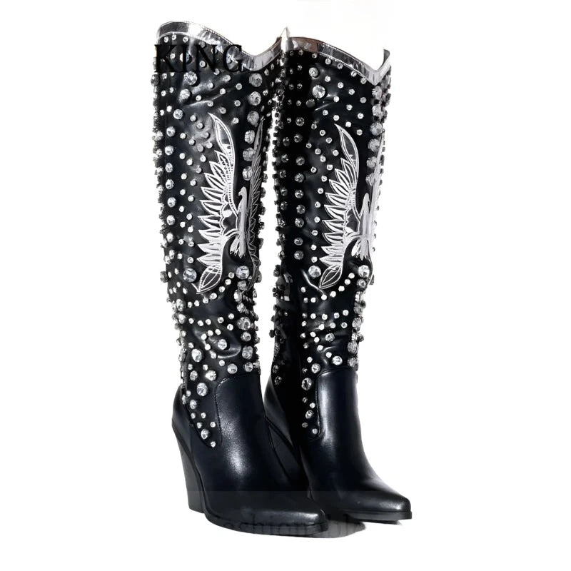 KIMLUD, Women Rhinestone Embellished Western Boots Sexy Pointed Toe Wedge Heels Botines De Mujer Autumn Winter Cowboy Knee High Boots, black / 35, KIMLUD APPAREL - Womens Clothes