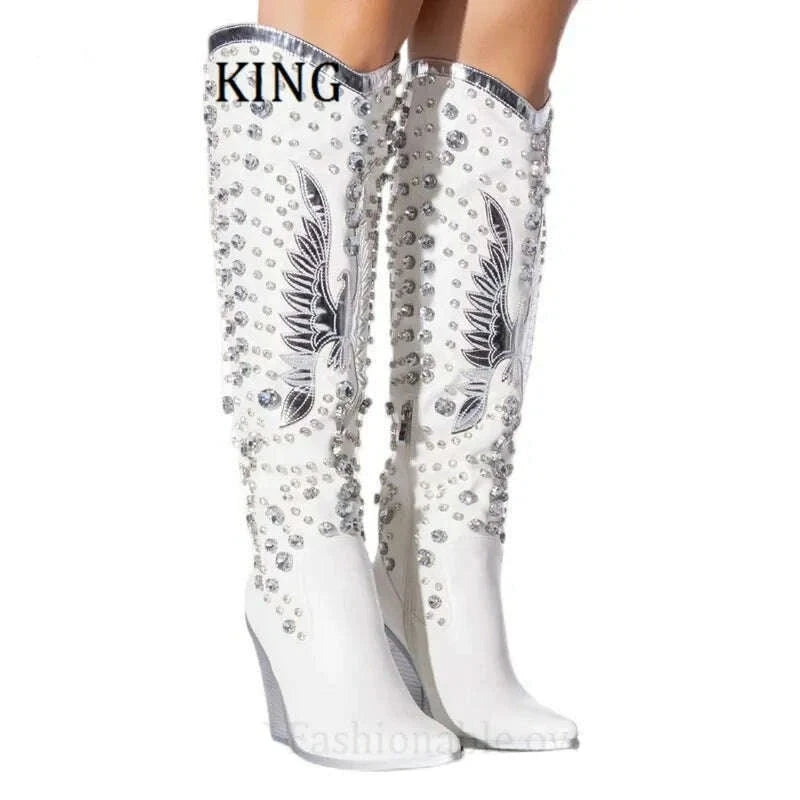 KIMLUD, Women Rhinestone Embellished Western Boots Sexy Pointed Toe Wedge Heels Botines De Mujer Autumn Winter Cowboy Knee High Boots, white / 35, KIMLUD APPAREL - Womens Clothes