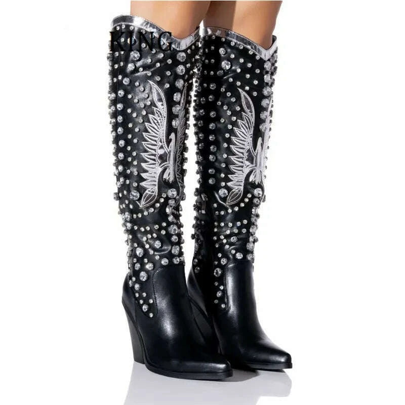 KIMLUD, Women Rhinestone Embellished Western Boots Sexy Pointed Toe Wedge Heels Botines De Mujer Autumn Winter Cowboy Knee High Boots, KIMLUD Womens Clothes