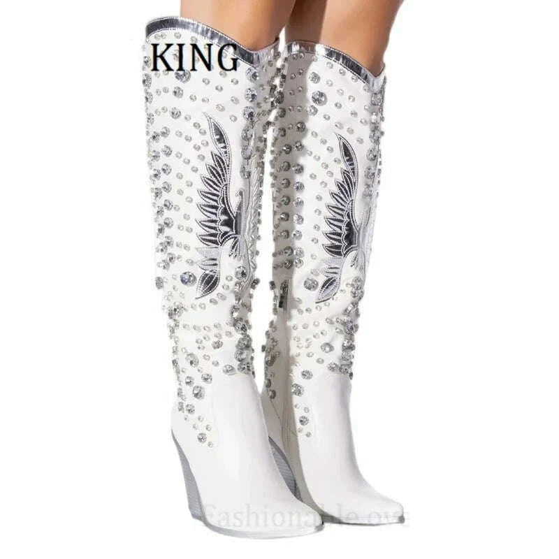 KIMLUD, Women Rhinestone Embellished Western Boots Sexy Pointed Toe Wedge Heels Botines De Mujer Autumn Winter Cowboy Knee High Boots, KIMLUD Womens Clothes