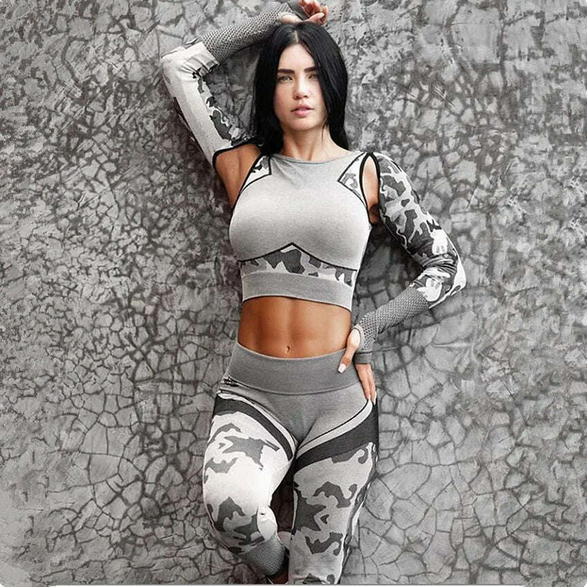 KIMLUD, Women Seamless Yoga Sets Camouflage Sports Sets Long Sleeve Crop Top Shirts High Waist Yoga Pants Fitness Gym Clothing Yoga Suit, KIMLUD Womens Clothes