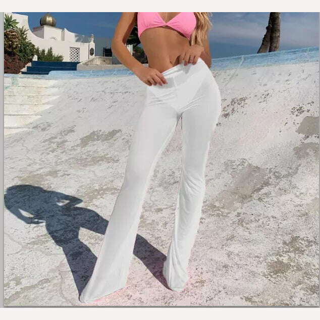 KIMLUD, Women Sexy Beach Sheer Mesh See Through Transparent High Elastic Waist Bikini Cover Up Swimwear Bell Bottom Flare Pants Trousers, White / M, KIMLUD APPAREL - Womens Clothes