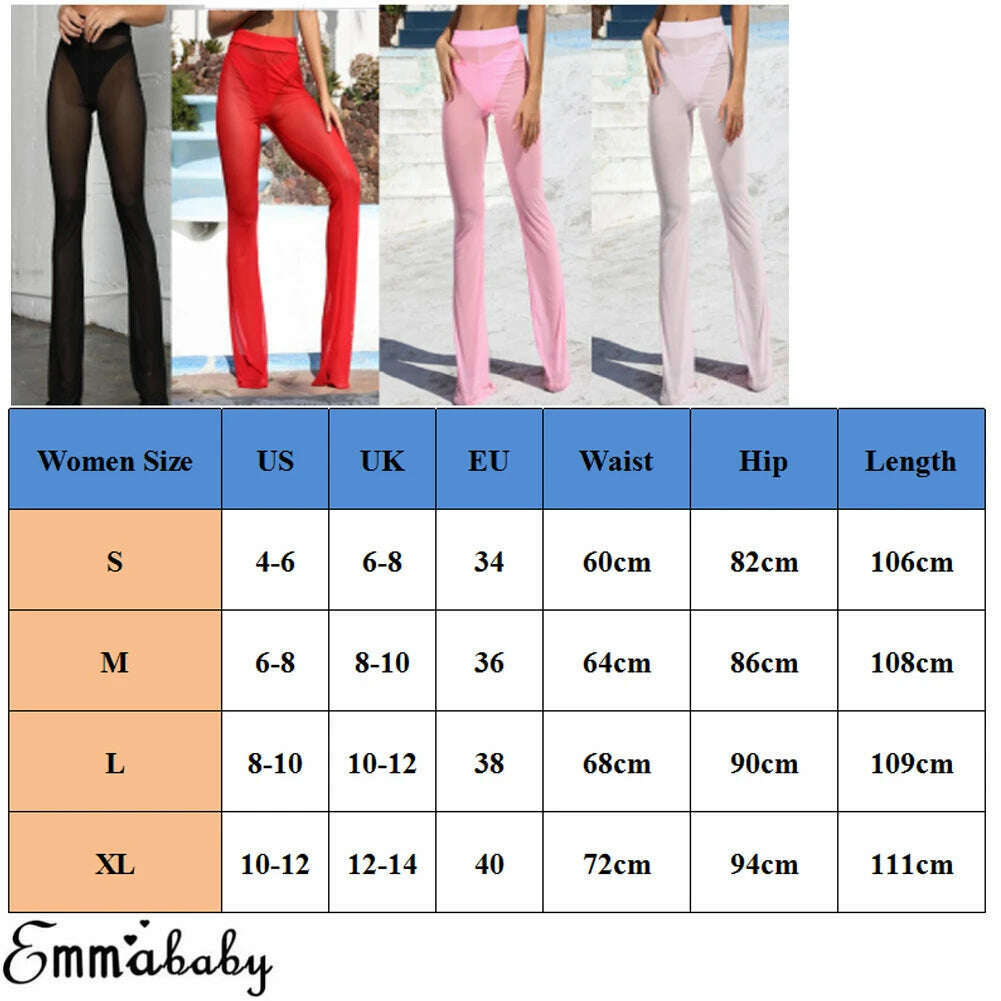 KIMLUD, Women Sexy Beach Sheer Mesh See Through Transparent High Elastic Waist Bikini Cover Up Swimwear Bell Bottom Flare Pants Trousers, KIMLUD Womens Clothes