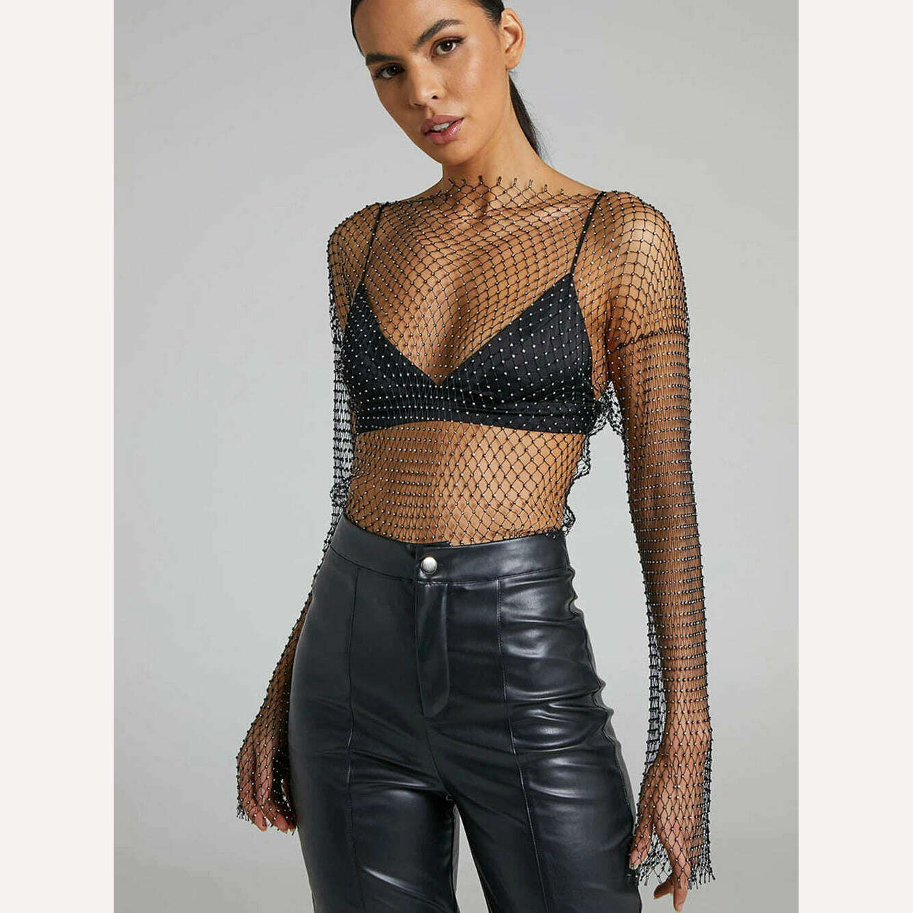 Women Sexy Club See Through Nightclub T-Shirt Shiny Rhinestone Fishnet Hollow Out Top Beach carnival Party Club Tops - KIMLUD