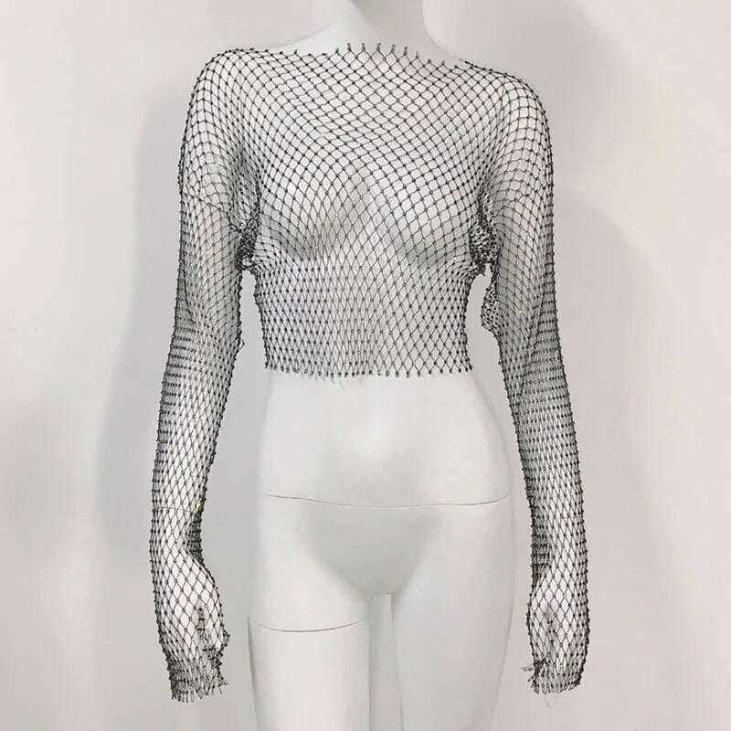 Women Sexy Club See Through Nightclub T-Shirt Shiny Rhinestone Fishnet Hollow Out Top Beach carnival Party Club Tops - KIMLUD