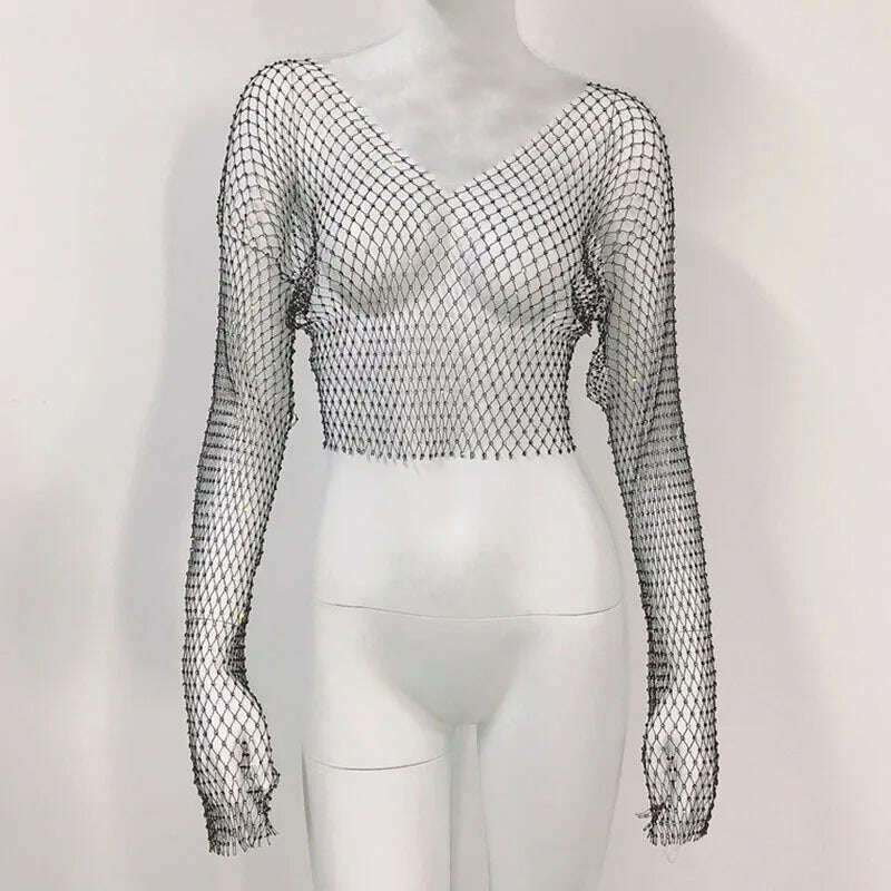 Women Sexy Club See Through Nightclub T-Shirt Shiny Rhinestone Fishnet Hollow Out Top Beach carnival Party Club Tops - KIMLUD