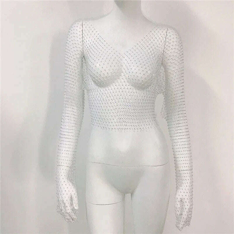 Women Sexy Club See Through Nightclub T-Shirt Shiny Rhinestone Fishnet Hollow Out Top Beach carnival Party Club Tops - KIMLUD