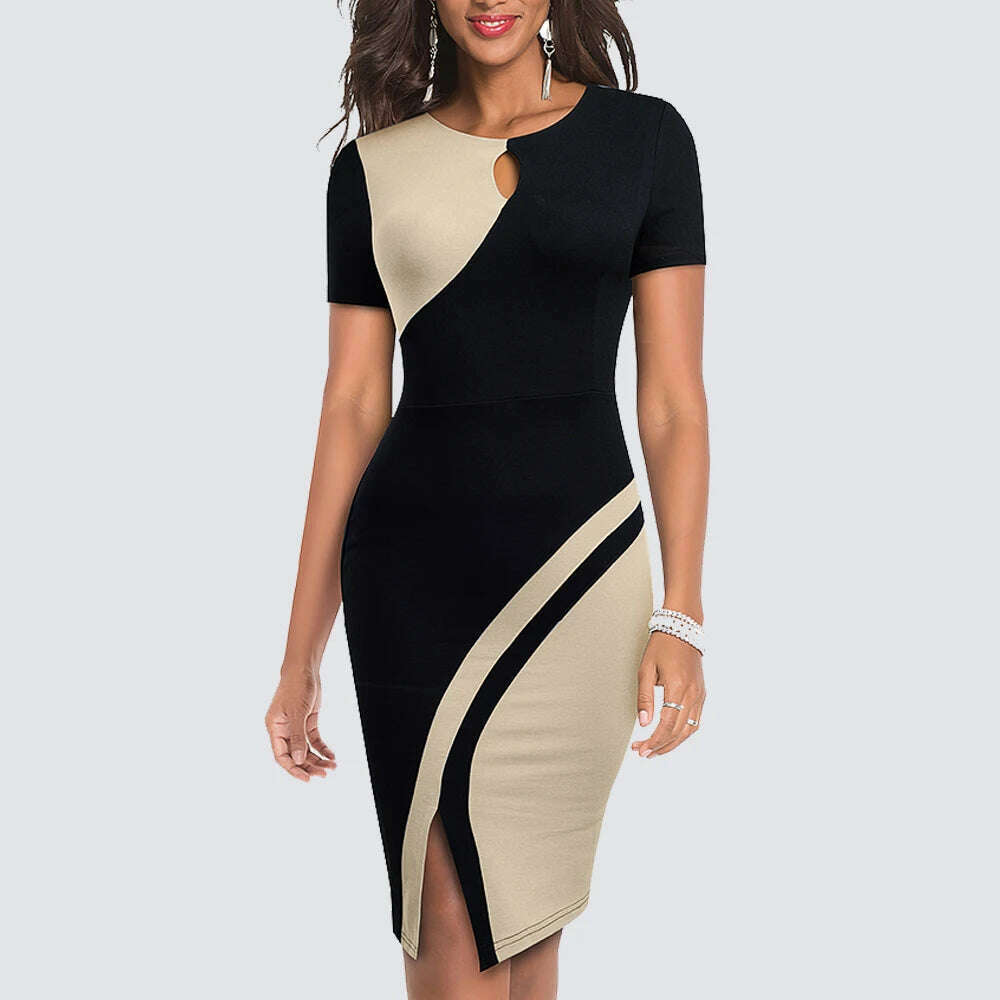 KIMLUD, Women Sexy Contrast Color Elegant Bodycon Charming Patchwork Office Lady Dress HB571, KIMLUD Womens Clothes