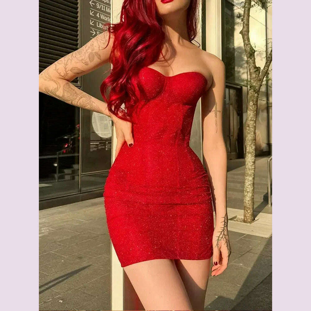 Women Sexy Glitter Back Lace Up Red Strapless Mini Dress Fashion Sleeveless Retract Waist A-line Dresses Lady Party Short Robes - KIMLUD