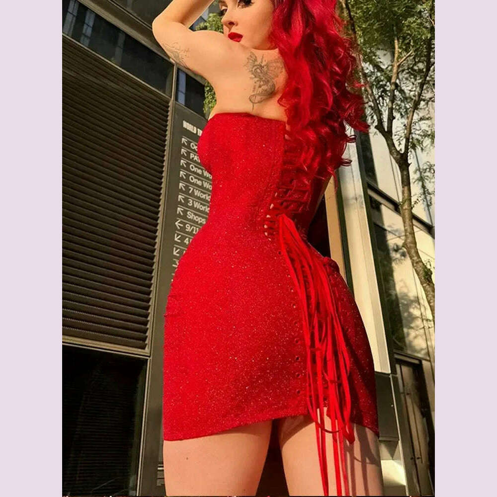 Women Sexy Glitter Back Lace Up Red Strapless Mini Dress Fashion Sleeveless Retract Waist A-line Dresses Lady Party Short Robes - KIMLUD