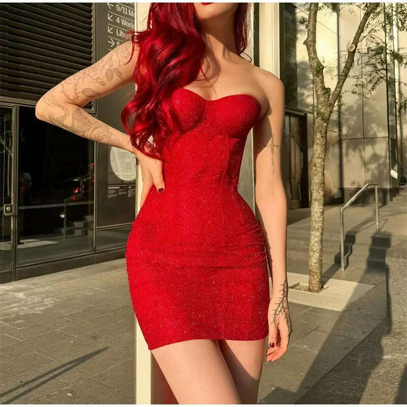 KIMLUD, Women Sexy Glitter Back Lace Up Red Strapless Mini Dress Fashion Sleeveless Retract Waist A-line Dresses Lady Party Short Robes, KIMLUD Womens Clothes