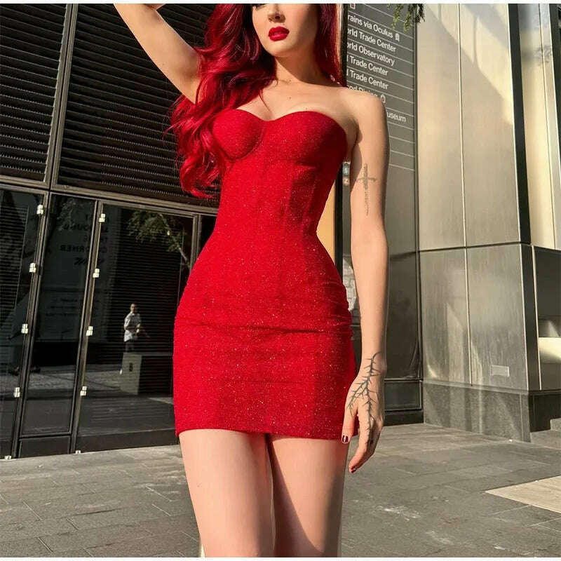 Women Sexy Glitter Back Lace Up Red Strapless Mini Dress Fashion Sleeveless Retract Waist A-line Dresses Lady Party Short Robes - KIMLUD