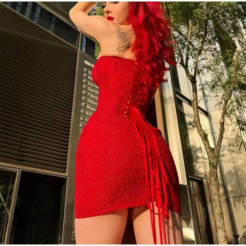 Women Sexy Glitter Back Lace Up Red Strapless Mini Dress Fashion Sleeveless Retract Waist A-line Dresses Lady Party Short Robes - KIMLUD