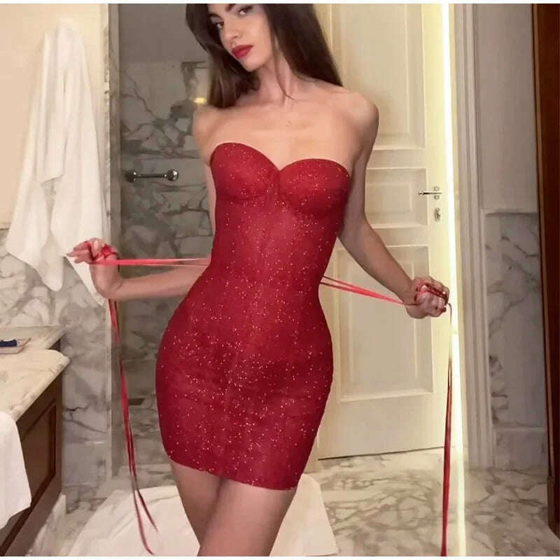 KIMLUD, Women Sexy Glitter Back Lace Up Red Strapless Mini Dress Fashion Sleeveless Retract Waist A-line Dresses Lady Party Short Robes, KIMLUD Womens Clothes