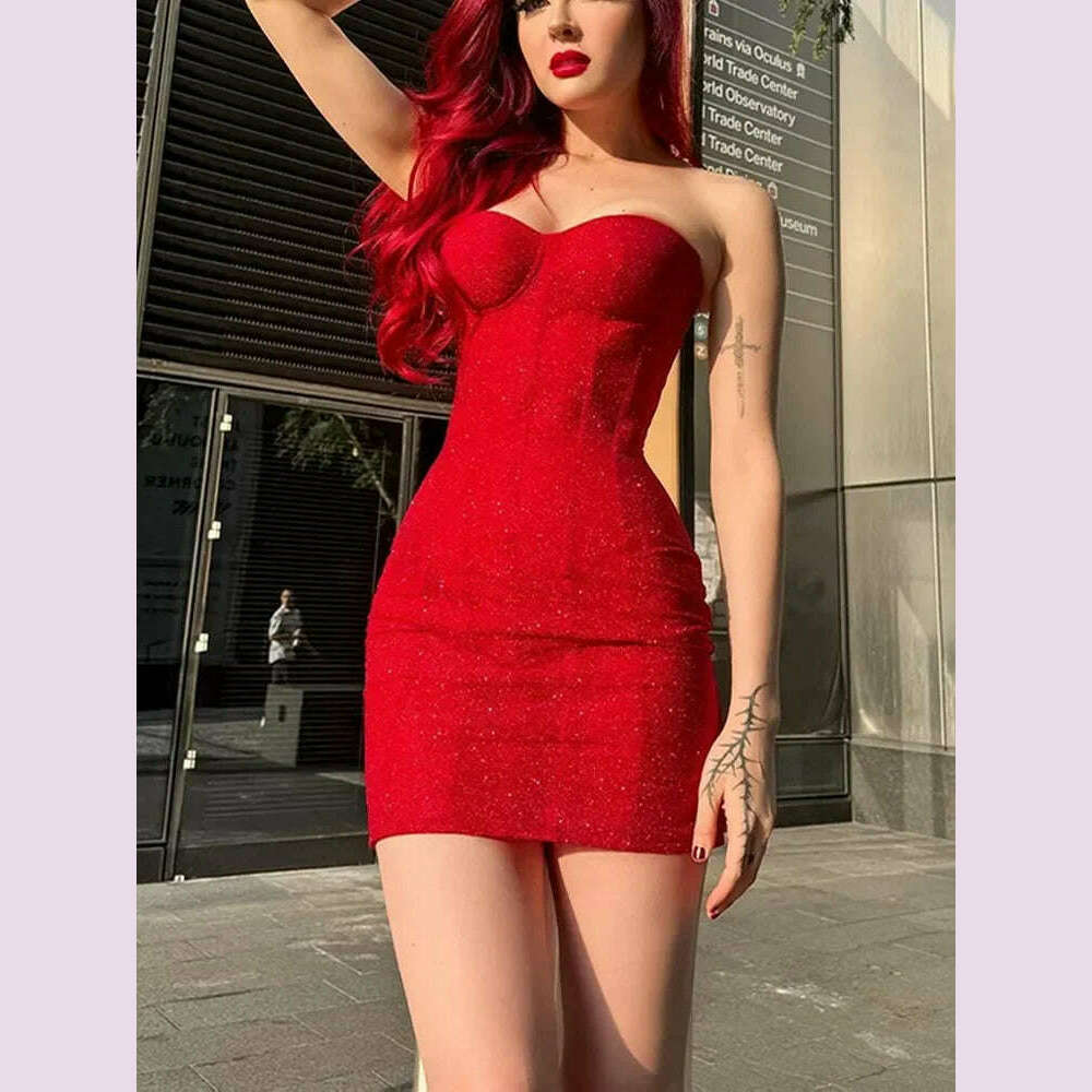 KIMLUD, Women Sexy Glitter Back Lace Up Red Strapless Mini Dress Fashion Sleeveless Retract Waist A-line Dresses Lady Party Short Robes, Red / M, KIMLUD APPAREL - Womens Clothes