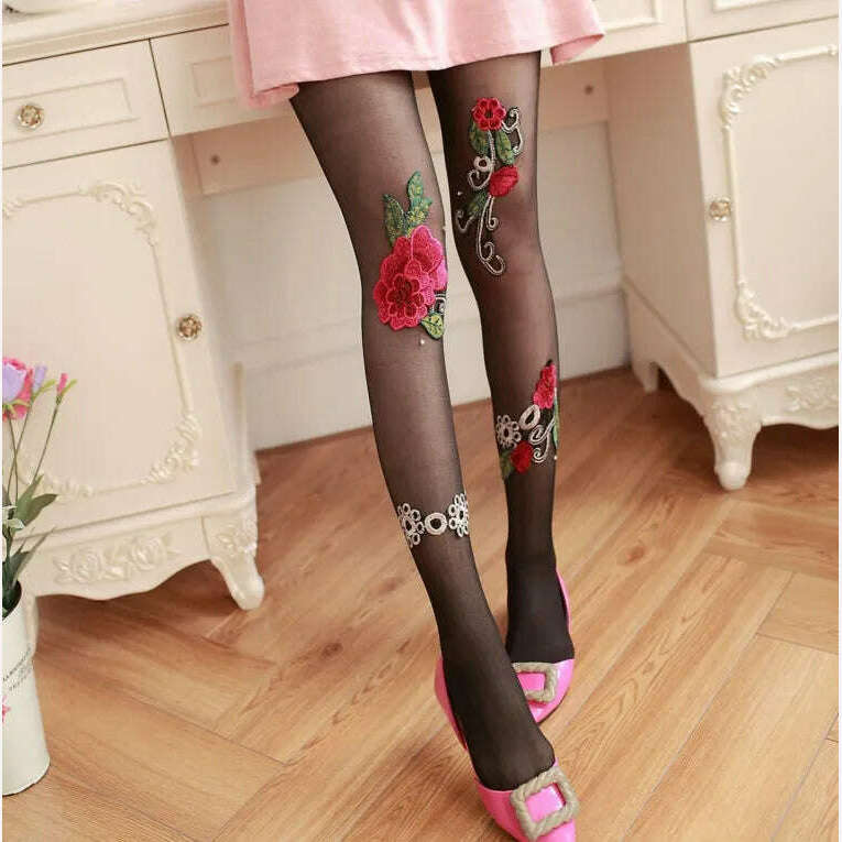 KIMLUD, Women Sexy Pantyhose Tights Rhinestones Opaque Embroidery Flowers Party Dress Style Lace Panty Transparent Silk Stockings Female, KIMLUD Womens Clothes