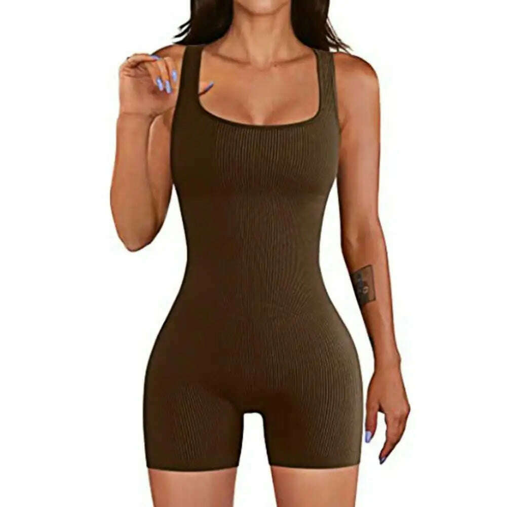 KIMLUD, Women Sexy Yoga Ribbed Jumpsuit Short Sleeve Square Neck Slim Fit  Bodysuit Yoga Sport Playsuit Breathable Playsuit 2024, Coffee / S, KIMLUD APPAREL - Womens Clothes