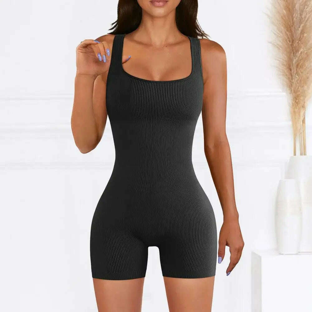 KIMLUD, Women Sexy Yoga Ribbed Jumpsuit Short Sleeve Square Neck Slim Fit  Bodysuit Yoga Sport Playsuit Breathable Playsuit 2024, KIMLUD Womens Clothes