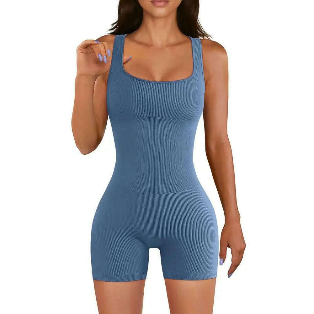 KIMLUD, Women Sexy Yoga Ribbed Jumpsuit Short Sleeve Square Neck Slim Fit  Bodysuit Yoga Sport Playsuit Breathable Playsuit 2024, Blue / 2XL, KIMLUD APPAREL - Womens Clothes