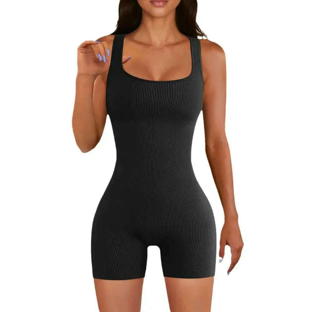 KIMLUD, Women Sexy Yoga Ribbed Jumpsuit Short Sleeve Square Neck Slim Fit  Bodysuit Yoga Sport Playsuit Breathable Playsuit 2024, Black / 2XL, KIMLUD APPAREL - Womens Clothes